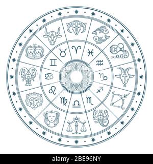 Astrology horoscope circle with zodiac signs vector background. Form symbol horoscope calendar, collection zodiacal animals illustration