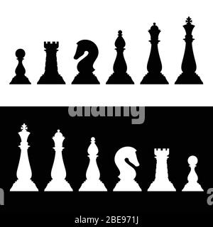 Chess pieces black silhouettes set. Business strategy vector icons king and queen, knight and bishop, rook and pawn illustration Stock Vector