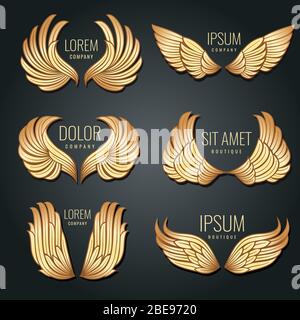 Golden wing logo vector set. Angels and bird elite gold labels for corporate identity design. Angel and eagle flight wings badge illustration Stock Vector