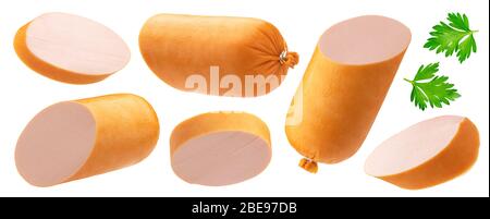 Boiled sausage slices in shell isolated on white background Stock Photo