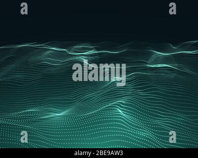 Digital background with wavy surface. 3d futuristic landscape with particles. Sound waves data vector concept. Futuristic flow surface layer illustration Stock Vector