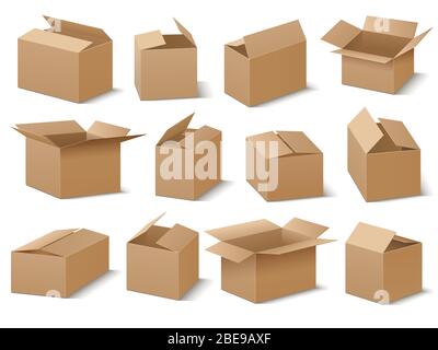 Open and closed cardboard boxes vector set. Brown box collection, cardboard container and crate illustration Stock Vector