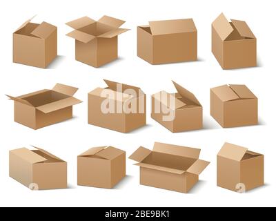 Delivery and shipping carton package. Brown cardboard boxes vector set. Cardboard box for transportation and packaging illustration Stock Vector