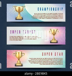 Horizontal banners with sports golden trophy cups vector collection. Super star, championship and trophy banner card illustration Stock Vector