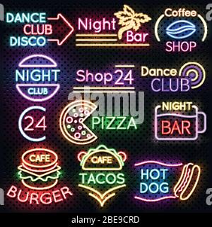 Bright roadside neon signs. Fast food and beer pub light vector icons. Hot dog and burger, tacos and pizza, vector illustration Stock Vector