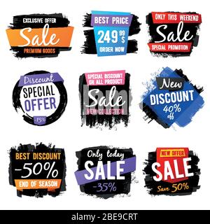 Discount and price tag, sale banners with grange brushed frames and distressed textures vector set. Discount nad promotion label sale illustration Stock Vector