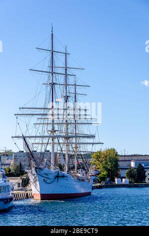 GDYNIA , POLAND 24 SEPTEMBER 2018 :The 'Dar Pomorza' sailing boat, a famous museum ship nowadays moored in Gdynia. Stock Photo