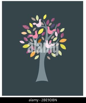 Colorful seasonal tree with birds vector Stock Vector