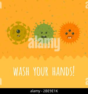 Illustration of cartoon microbes and text. Wash your hands vector banner Stock Vector