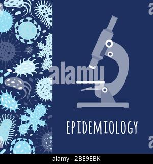 Poster with microscope and microbes. Vector epidemiology concept banner with microscope illustration Stock Vector