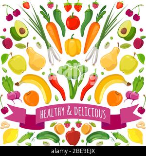 Vector illustration of fruits and vegetables. Food fruit and vegetable fresh Stock Vector