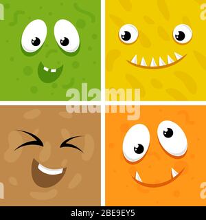 Set of cartoon monster faces. Flat face monster character, colored funny creature illustration Stock Vector