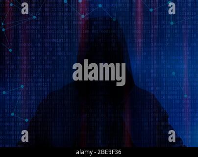 Hacker man steal information. Guy in hood without face Stock Photo