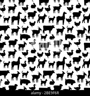 Black farm animals silhouettes pattern design. Animal black background, vector illustration Stock Vector