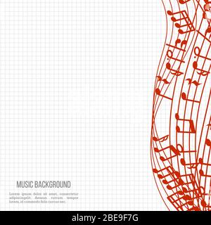 Notebook music background with red music notes and waves. Vector illustration Stock Vector
