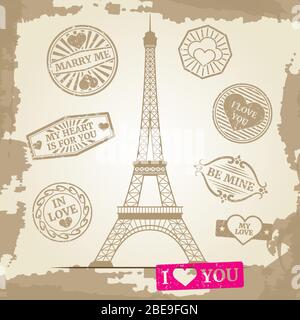 Hipster or vintage postcard background - Eiffel Tower with love prints. Vector illustration Stock Vector