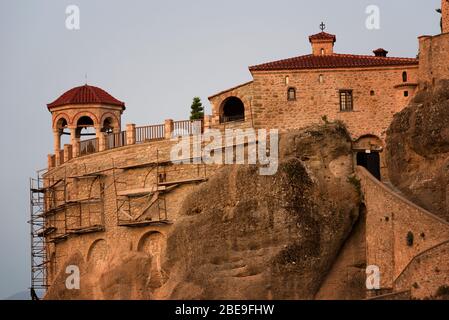 Great Meteoron Monastery. Beautiful scenic view, ancient traditional greek building on the top of huge stone pillar in Meteora, Eastern Orthodox Stock Photo
