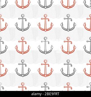 Marine pattern design with anchors and abstract waves. Vector illustration Stock Vector