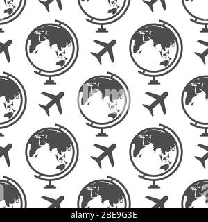 Globe and airplane seamless pattern - geographical or travel background. Vector illustration Stock Vector