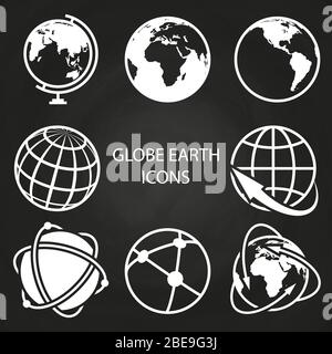 Globe earth icons collection on blackboard. Abstract global sphere, vector illustration Stock Vector