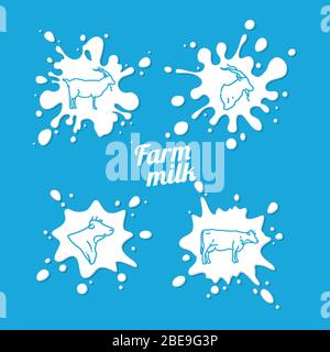 Cow and goat milk emblem - farm milk splashes with outline goat and cow. Vector illustration Stock Vector