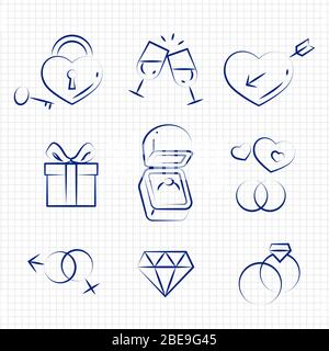 Sketch style wedding line icons on notebook page. Vector illustration Stock Vector