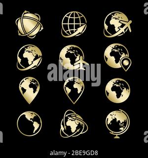 Golden globe earth icons collection on black backdrop. Vector illustration Stock Vector