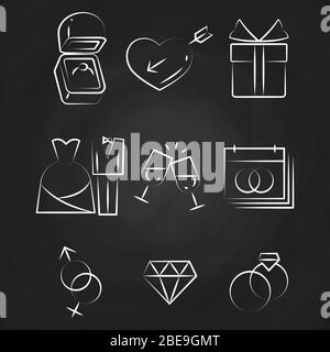 Wedding thin line icons on chalkboard. Wedding symbol, vector illustration Stock Vector