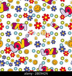 Cute hippie seamless pattern design with flowers smile and love letters. Vector illustration Stock Vector