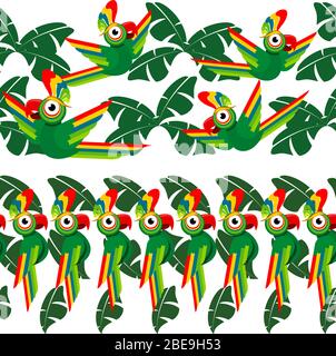 Tropical seamless borders design with palm leaves and parrots. Vector illustration Stock Vector