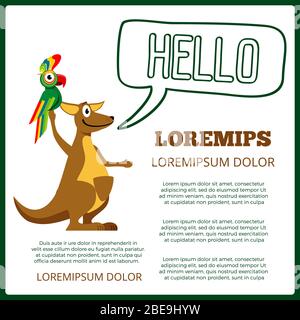 Children info poster with cartoon cangaroo parrot and bubble speech hello. Vector illustration Stock Vector