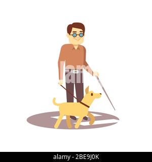 Dog companion and blind man on walk isolated on white background - blind person and guide dog. Vector pet companion and blind man person illustration Stock Vector