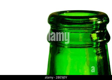 A green beer bottle. Bottleneck in green over a white background. Stock Photo
