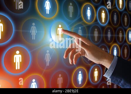 Hand clicks on silhouette of human. Social connections concept Stock Photo