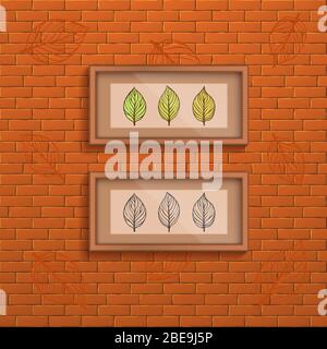Decorative brick wall background with two interior frames with doodle leaves picture. Vector illustration Stock Vector