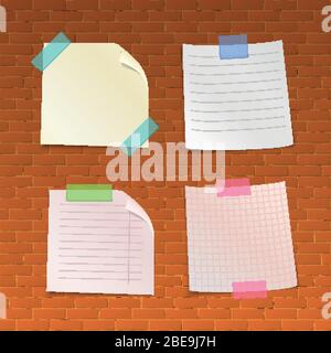 Red brick callboard with stickers and ads. Paper banner, vector illustration Stock Vector