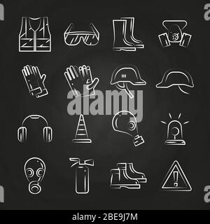 Personal protective equipment thin line icons on chalkboard design. Vector illustration Stock Vector
