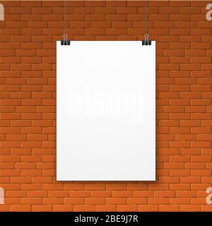 Blank white poster on red brick wall. Paper frame empty template, vector illustration Stock Vector