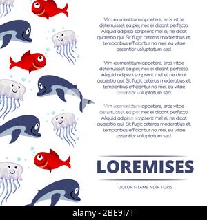 Wild sea animals poster design - background with cute dolphin, fishes and jellyfish. Vector illustration Stock Vector