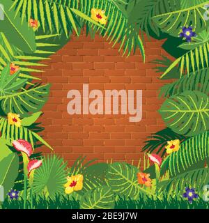 Red brick wall and jungle green frame design. Template banner, vector illustration Stock Vector