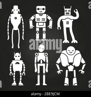 White robots and cyborgs on chalkboard. Robot machine cyborg white silhouette. Vector illustration Stock Vector