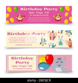 Birthday party horizontal banners template with cute cartoon animals. Vector illustration Stock Vector