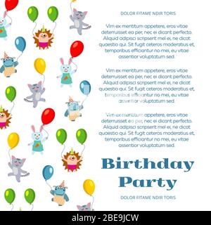 Birthday party poster or invitation with cute cartoon animals and flight balloon. Vector illustration Stock Vector