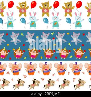 Cute birthday seamless borders with cartoon amimals. Background vector illustration Stock Vector