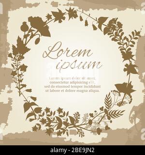 Floral and herbal wreath silhouette on vintage grunge backdrop. Vector illustration Stock Vector