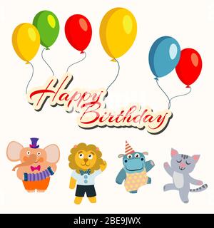 Happy birthday banner with balloons and cartoon dancing animals happy elephant and lion, hippo and cat, vector illustration Stock Vector