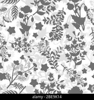 Grey floral seamless pattern design. Background with plants, vector illustration Stock Vector