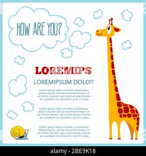 Children info poster with cartoon giraffe snail and how are you lettering sign. Vector illustration Stock Vector