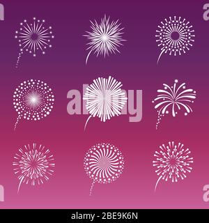 White fireworks collection on pink background. Decoration effect light firework. Vector illustration Stock Vector