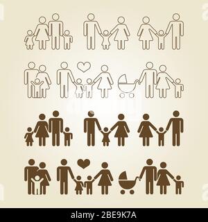 Line and outline family icons set. Family and child, mother and father, vector illustration Stock Vector